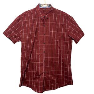 Muse Fath Mens Shirt XL Burgundy Short Sleeve Checkered 100% Cotton